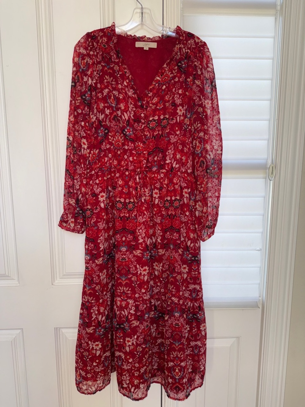 LOFT Red Floral V‑Neck Long Sleeve Midi Dress
